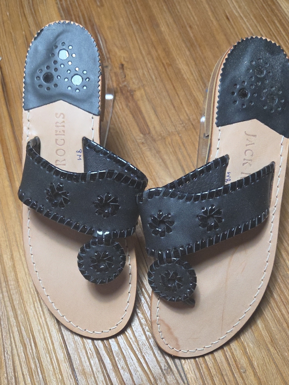 Jack Rogers Black Leather Thong Sandals with Rosette Detail
